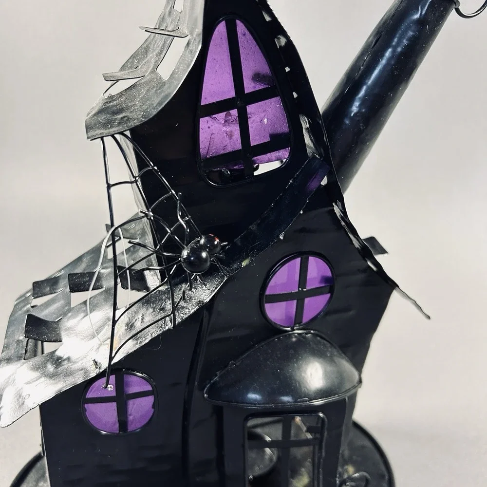 Halloween Haunted House Metal Tealight Candle Holder Purple Windows 13